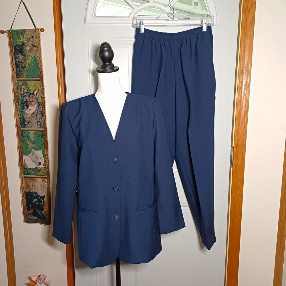 Alfred Dunner Blue Solid 2pc Pant Suit Set 14P 3-Button Notch Lapel Elastic